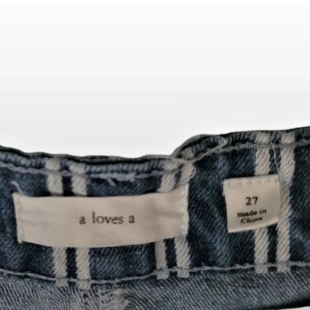 A LOVES A Striped Denim Shorts Frayed Hem High Rise Blue White Casual Summer
